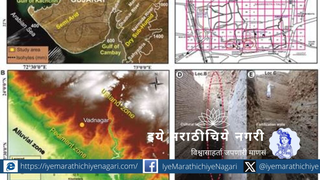 Figure.1 (A) Map of North Gujarat, showing climatic zones, (adopted from Pokharia et al., 2020). (B) Location of Vadnagar in the Eastern Rocky foothill zone of Gujarat. (C) Grid layout of excavated trenches at Vadnagar. (D) 14.10 m deep cuttings in the trench of the Locality B showing layers of cultural deposits in Vadnagar. (E) Locality C section along the fortification wall.