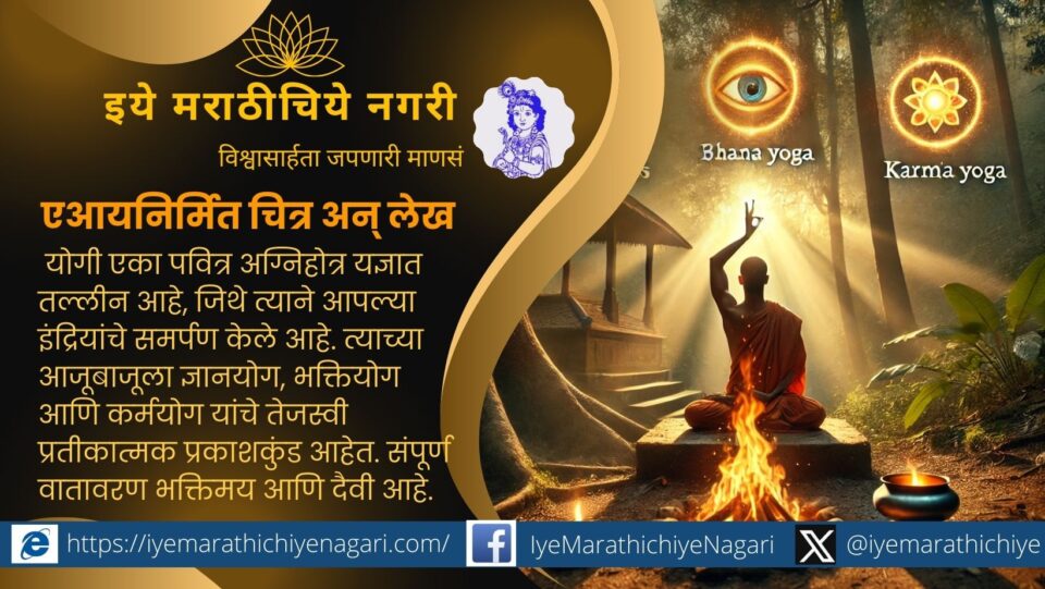 A meditative yogi performing a sacred fire ritual (Agnihotra) in a tranquil forest, symbolizing Jnana, Bhakti, and Karma Yoga