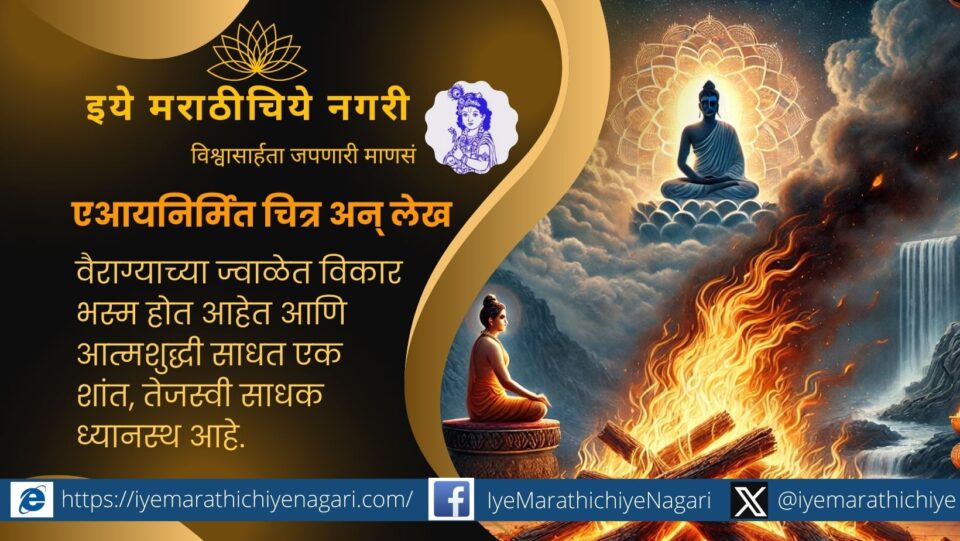 A symbolic illustration of Vairagya from Dnyaneshwari, depicting renunciation’s fire burning desires, with a meditative figure in the background.