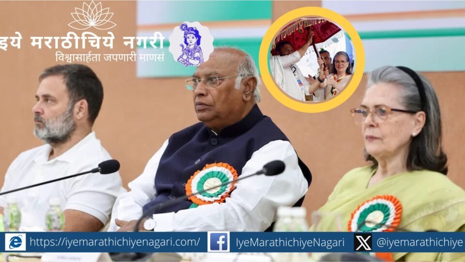 Political contrast image showing Sardar Patel’s statue in Gujarat with Congress and BJP flags symbolizing the legacy battle in Indian politics