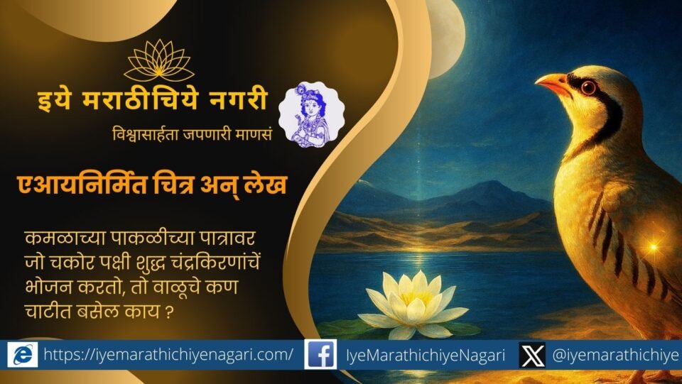 A Chakor bird gazing at the full moon near a lotus on calm water, symbolizing the soul's longing for pure wisdom.
