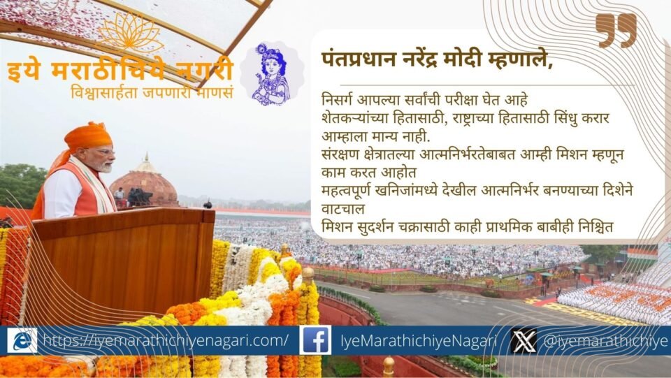 पंतप्रधान मोदींचे स्वातंत्र्य दिन 2025 भाषण: राष्ट्रीय सुरक्षा, आत्मनिर्भर भारत, सिंधू करार पुनरावलोकन, तंत्रज्ञान प्रगती व स्वच्छ उर्जेवर भर.