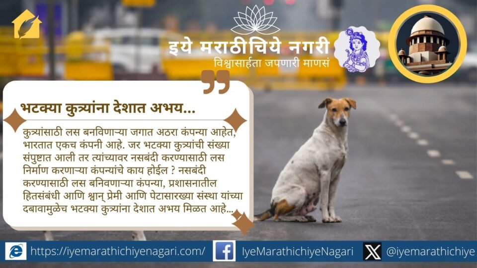 भारतामध्ये भटक्या कुत्र्यांची संख्या व दहशत वाढत असून सर्वोच्च न्यायालयाने आदेश दिले तरी समस्या कायम आहे. नसबंदी मोहिमेची परिणामकारकता प्रश्नचिन्हात आहे.