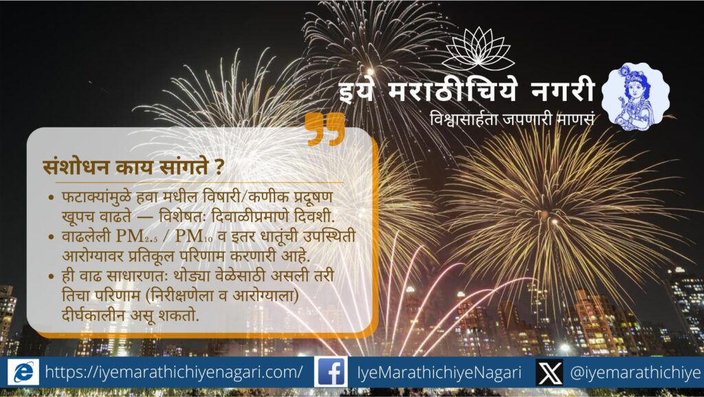 डॉ. सुकृत खांडेकर यांनी दिवाळीत फटाक्यांमुळे वाढणाऱ्या वायू व ध्वनी प्रदूषणाचा आरोग्यावर होणारा परिणाम व संशोधनातील आकडेवारीसह वास्तव अधोरेखित केले आहे.