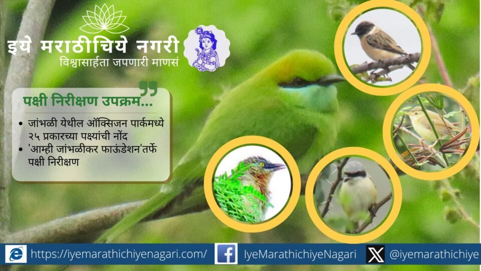जांभळी ऑक्सिजन पार्कमध्ये पक्षी निरीक्षण उपक्रमात २५ पक्ष्यांची नोंद झाली. ‘आम्ही जांभळीकर फाऊंडेशन’च्या या उपक्रमातून स्थानिक जैवविविधतेबाबत जनजागृती करण्यात आली.