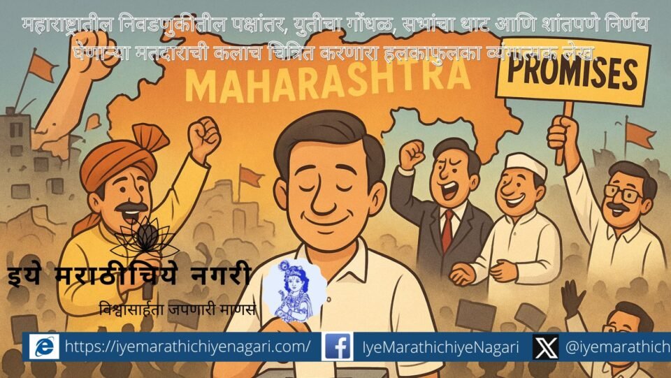 A humorous depiction of Maharashtra election politics showing party hopping, promises, rallies and the silent wisdom of the Indian voter.