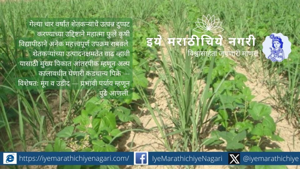 “MPKV Rahuri scientists demonstrating improved moong and urad varieties to farmers in the field.”