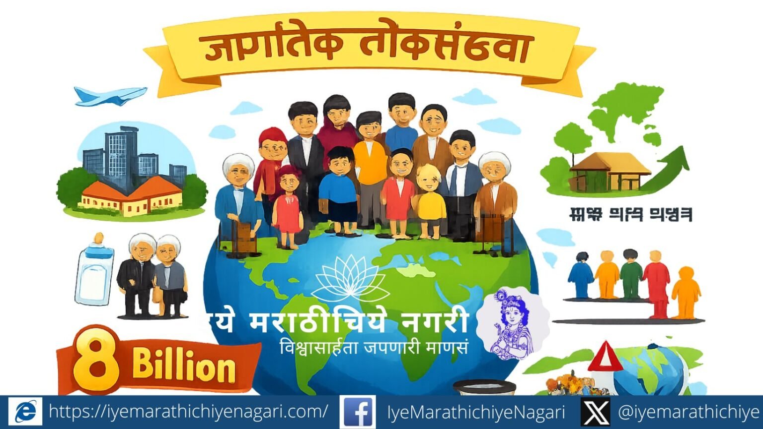 वाढती जागतिक लोकसंख्या दर्शवणारे पृथ्वीभोवती मानवसमूहाचे चित्र