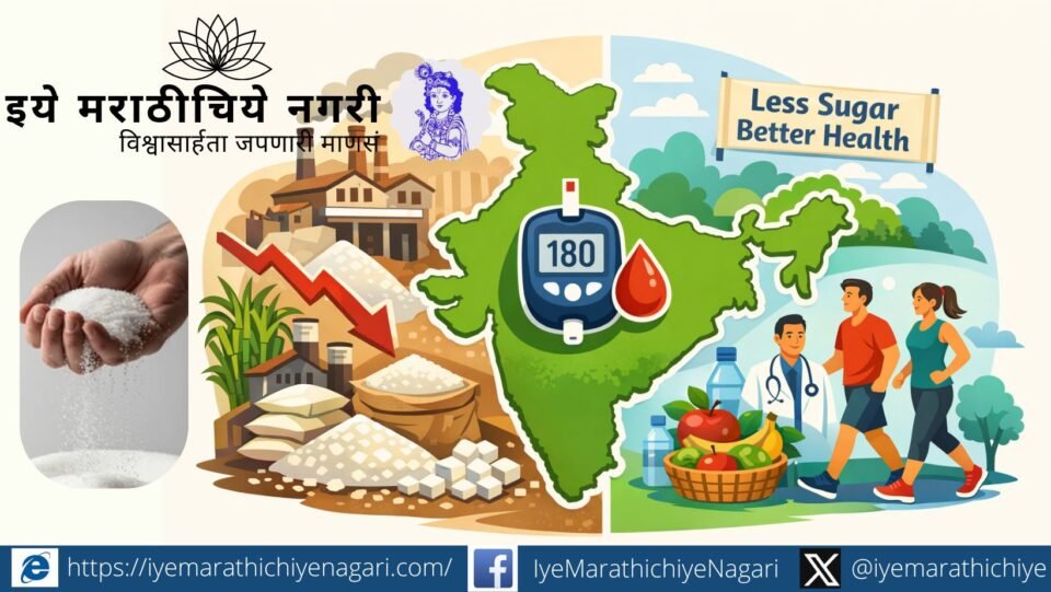 Illustration showing India as diabetes capital with declining sugar consumption impacting sugar factories