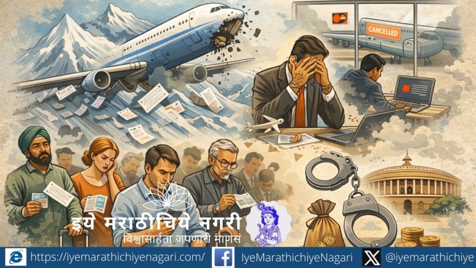 “Disrupted airport terminals with stranded passengers, grounded aircraft and regulatory imbalance symbolizing aviation mismanagement in India”