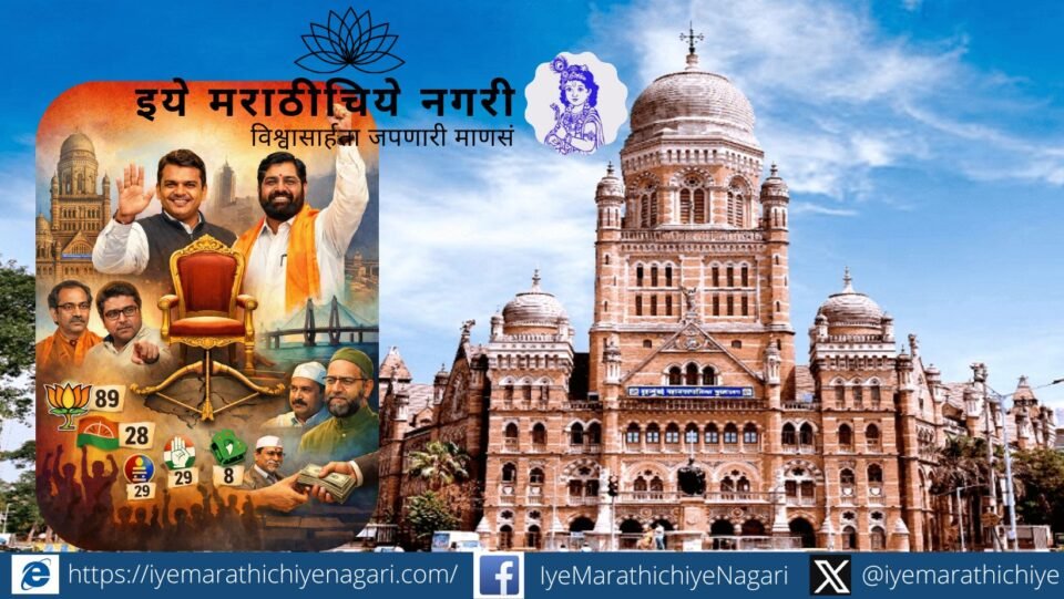 Illustration depicting Mumbai skyline and political power shift after BMC election verdict
