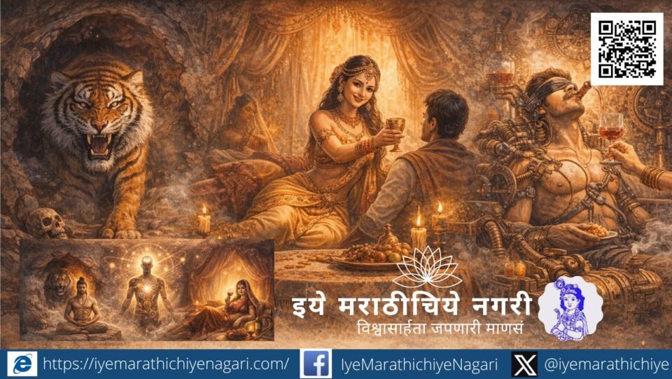 Symbolic illustration showing the body as a tiger’s den, deceptive desire and a machine of sensory pleasure as described in Jnaneshwari