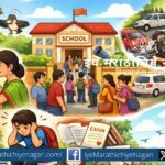 Illustration showing exam day chaos with anxious parents, stressed students, traffic congestion near school, and a child seeking independence.