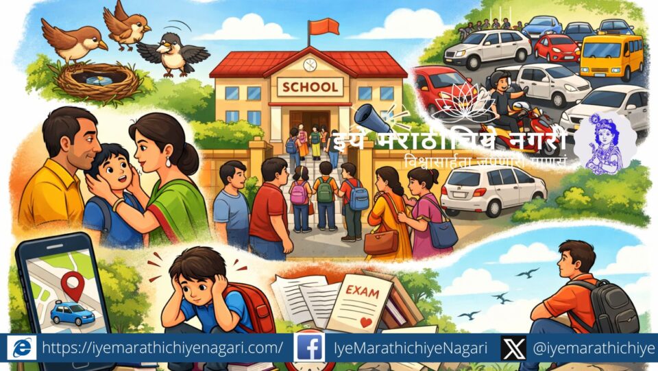 Illustration showing exam day chaos with anxious parents, stressed students, traffic congestion near school, and a child seeking independence.