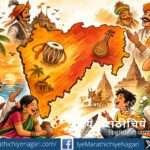 Horizontal clipart illustration depicting diverse Marathi regional characters joyfully conversing, symbolizing the richness of Marathi dialects across Maharashtra.