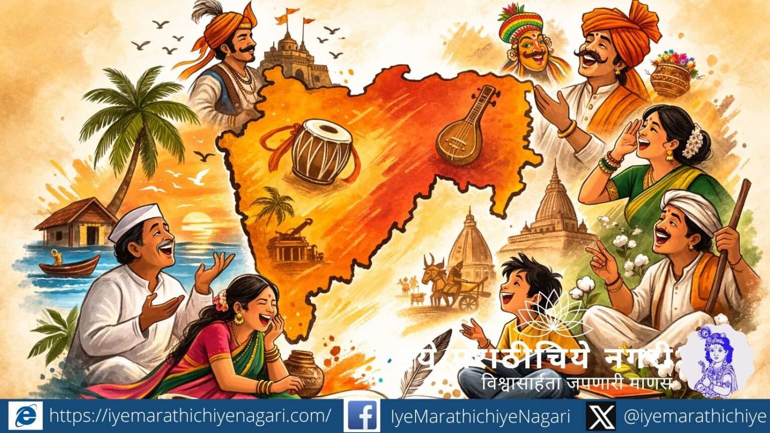 Horizontal clipart illustration depicting diverse Marathi regional characters joyfully conversing, symbolizing the richness of Marathi dialects across Maharashtra.