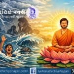 Artwork depicting a person drowning in a dream-like flood on one side and an awakened serene figure on a lotus on the other, symbolizing awakening from worldly illusion as described in Dnyaneshwari Ovi 153.