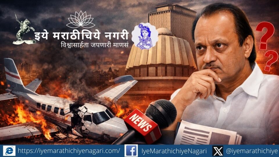 Ajit Pawar with Maharashtra Vidhan Bhavan and plane crash scene symbolizing mystery around his death