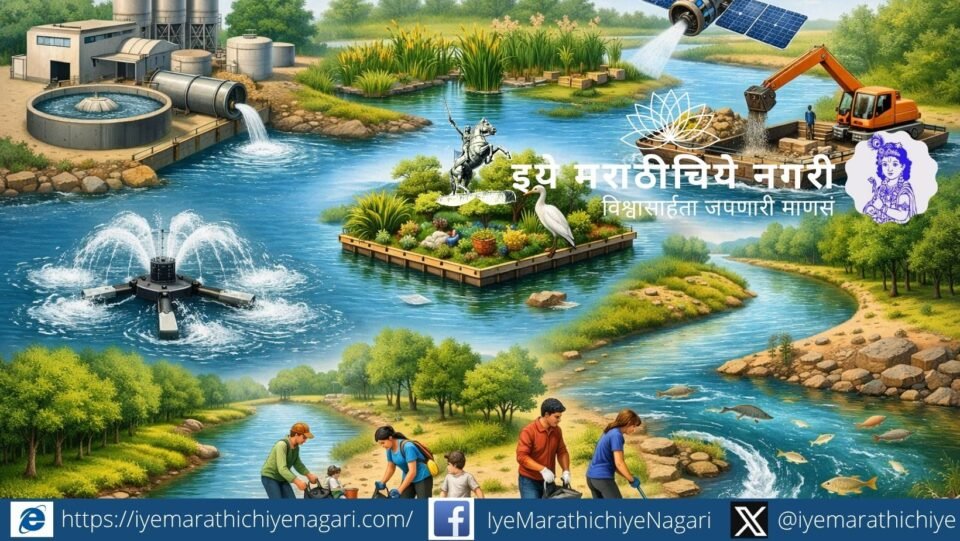 Illustration showing global technologies used for cleaning polluted rivers including wetlands, aeration systems and community river restoration