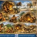 Prehistoric humans discovering the power of thought, early dog domestication, fire-lit cave life and tribal leadership evolution illustration