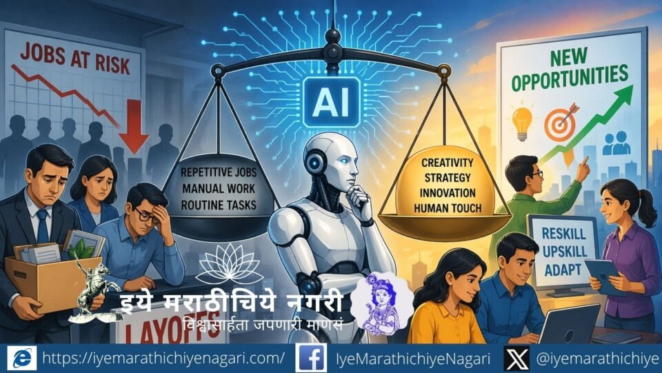 Illustration of artificial intelligence replacing and transforming human jobs in the modern workplace