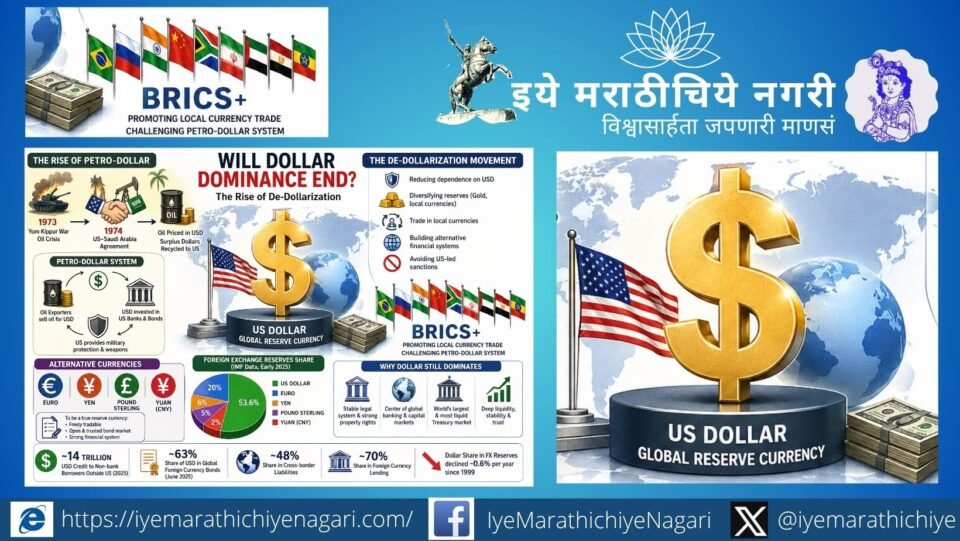 Global map showing US dollar dominance and emerging de-dollarization trends with alternative currencies