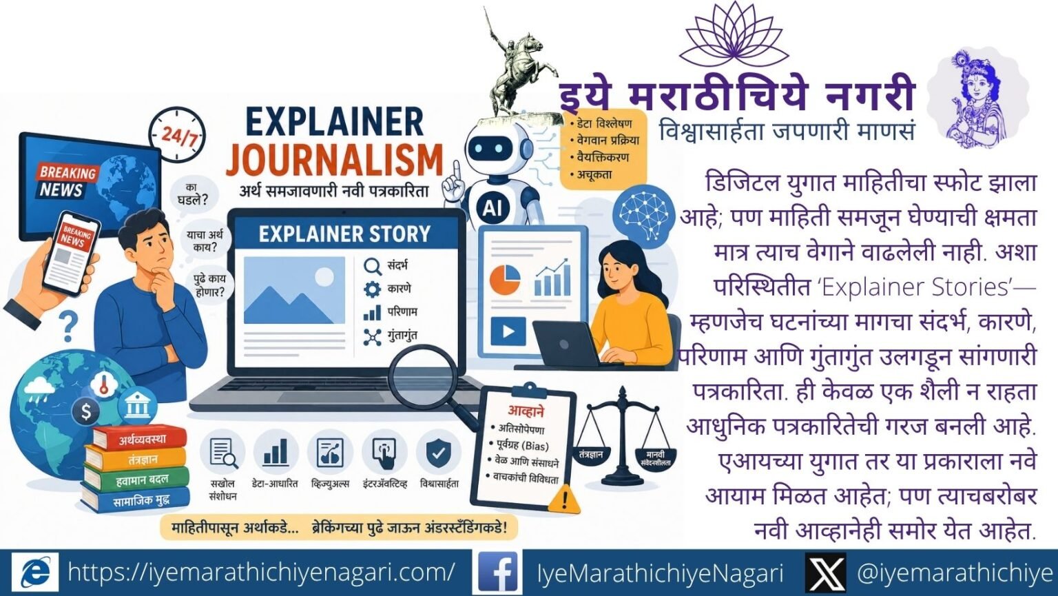 Illustration showing explainer journalism with AI, data analysis, breaking news, and contextual storytelling elements