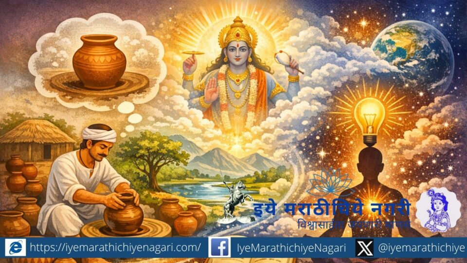 Illustration of a potter shaping clay symbolizing creation and consciousness in Jnaneshwari philosophy