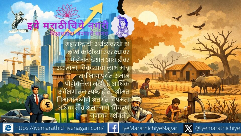 Illustration showing contrast between urban prosperity and rural poverty highlighting regional economic imbalance in Maharashtra