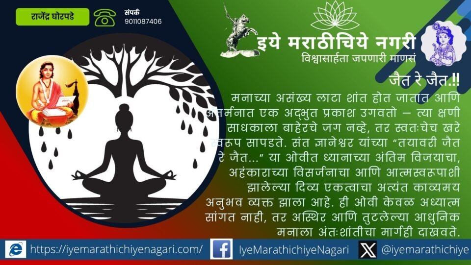 ध्यानस्थ अवस्थेतील तेजस्वी संत ज्ञानेश्वर आणि आत्मानुभूतीचे प्रतीकात्मक दिव्य प्रकाशचित्र