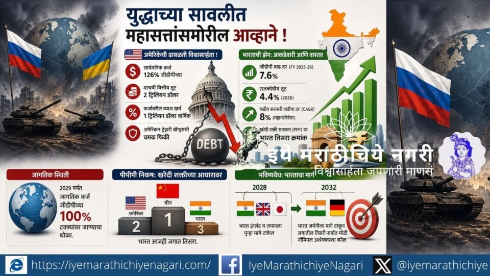 Infographic showing global economic crisis under war conditions highlighting US debt rise and India’s strong GDP growth and economic progress