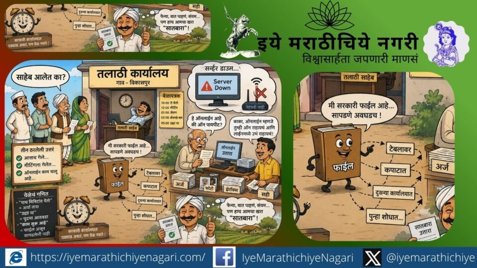 तलाठी कार्यालयातील सातबाऱ्यासाठी रांगेत उभे असलेले गावकरी आणि “सर्व्हर डाउन” दाखवणारे विनोदी क्लिपआर्ट चित्र.