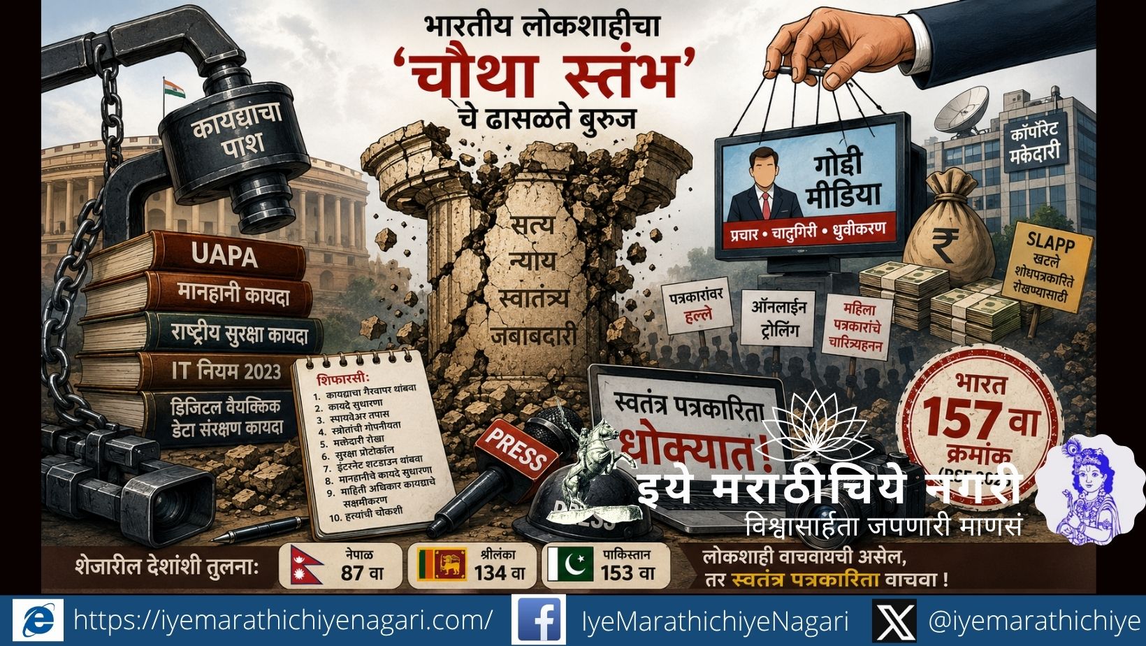 Illustration showing the collapse of India’s fourth pillar of democracy with broken media structures, legal pressure, corporate control, and threats to press freedom.