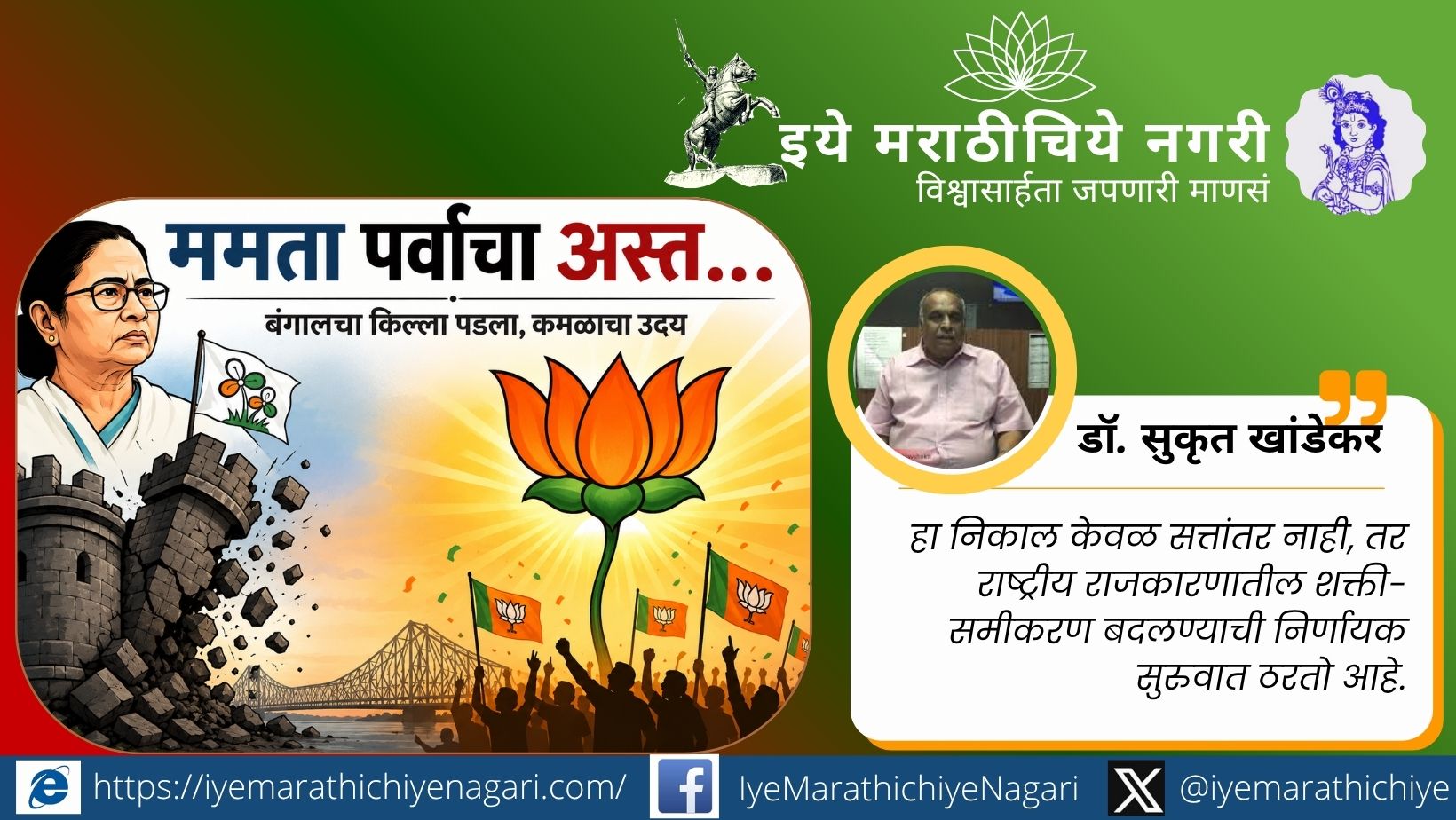 बंगालचा किल्ला पडला: ममता पर्वाचा अस्त आणि कमळाचा उदय Illustration showing Mamata Banerjee’s political decline with a falling fort and BJP lotus rising symbolizing victory in West Bengal election 2026.