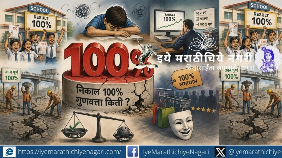 Editorial clipart showing a giant cracked “100%” symbol surrounded by stressed students, office targets, poor infrastructure, and collapsing quality standards in society.