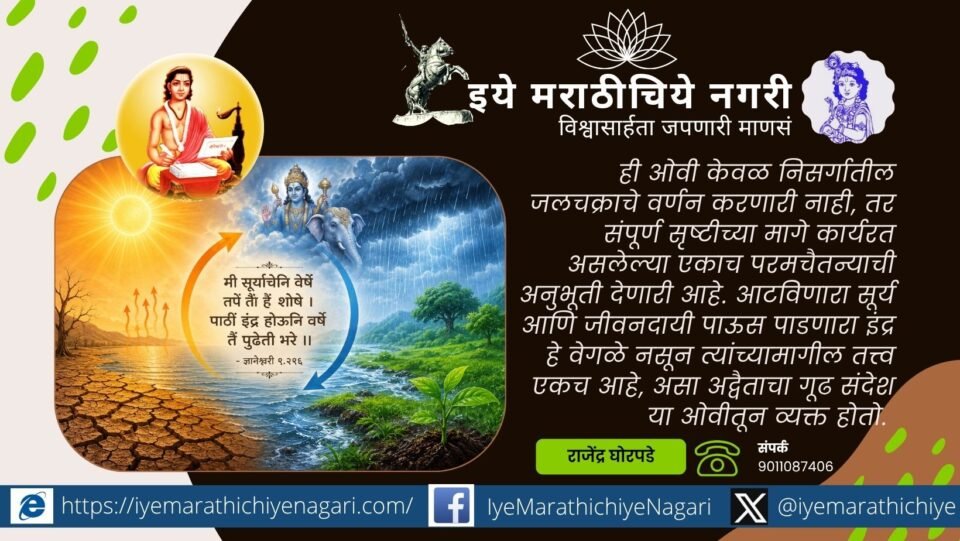 Saint Dnyaneshwar's profound verse reveals the cosmic truth that the same divine force dries the earth as the Sun and nourishes it as Indra through rain.