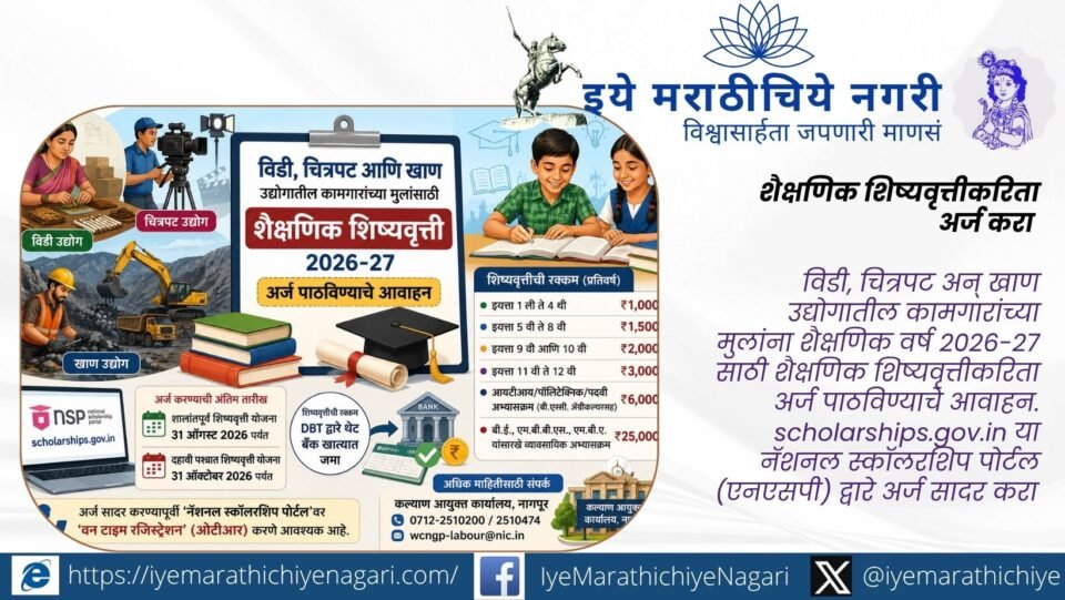 Children of beedi, film and mining workers can apply online for scholarships for the academic year 2026-27. Financial assistance ranges from ₹1,000 to ₹25,000.