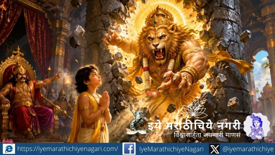 ज्ञानेश्वरीतील भक्तीचे वैभव दर्शविणारे चित्र – भक्तीच्या सामर्थ्यामुळे भगवान नरसिंह अवतार धारण करताना, भक्त प्रल्हादाच्या श्रद्धेचे प्रतीकात्मक चित्रण.