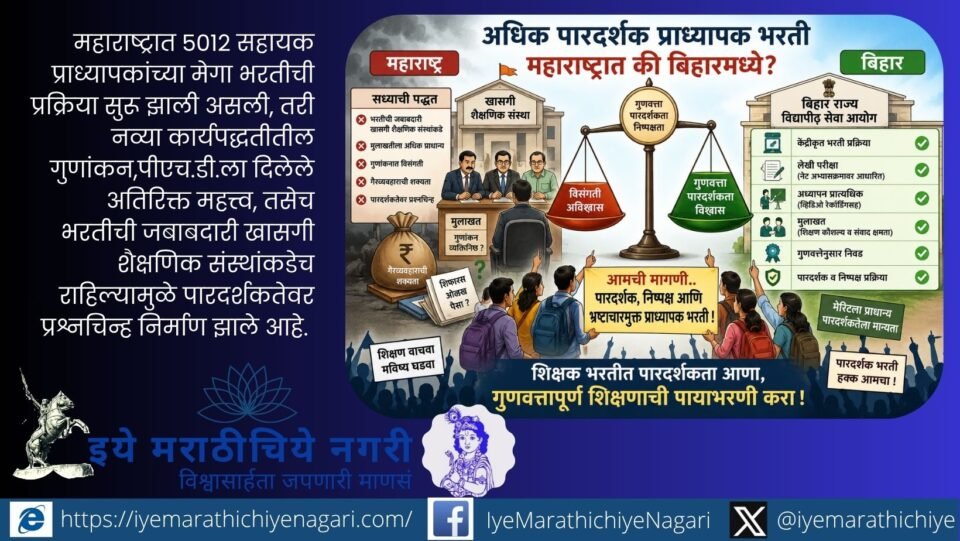 Editorial illustration comparing assistant professor recruitment systems in Maharashtra and Bihar, highlighting transparency, merit-based selection, UGC norms, written examination, interview, and demand for a centralized Higher Education Service Commission.