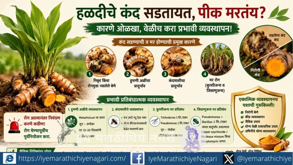 Learn the causes, symptoms and effective preventive management of turmeric rhizome rot and wilt, including pest control, biological inputs and integrated disease management.