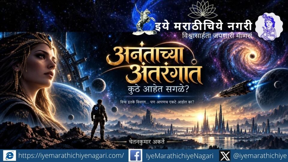 ‘अनंताच्या अंतरंगात : कुठे आहेत सगळे?’ या मराठी विज्ञानकथेचे अंतराळ, एलियन सभ्यता आणि फर्मी पॅराडॉक्स दर्शवणारे पुस्तकविषयक क्लिपआर्ट.
