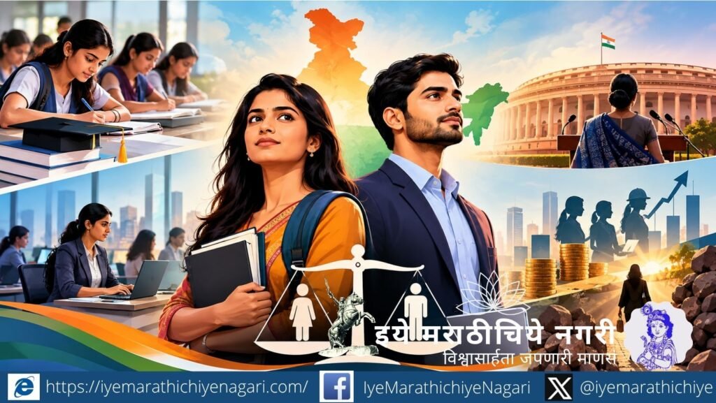 भारताच्या लिंगभाव समानतेतील आर्थिक सहभाग, महिला सक्षमीकरण आणि राजकीय प्रतिनिधित्व दर्शवणारे चित्र