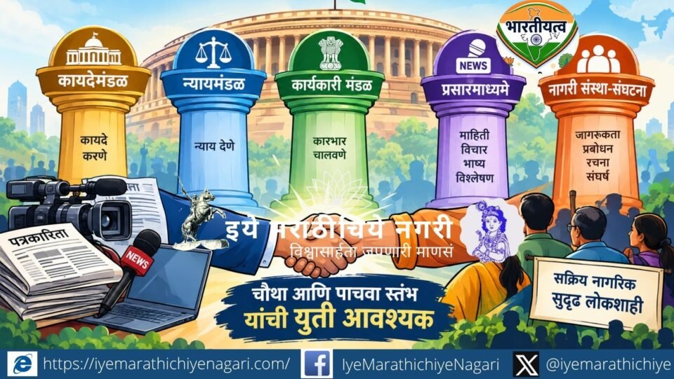 भारतीय लोकशाहीची घसरण रोखण्यासाठी प्रसारमाध्यमे आणि नागरी संस्था-संघटनांनी एकत्र येणे का आवश्यक आहे? चौथा आणि पाचवा स्तंभ यांची भूमिका स्पष्ट करणारे विश्लेषण.
