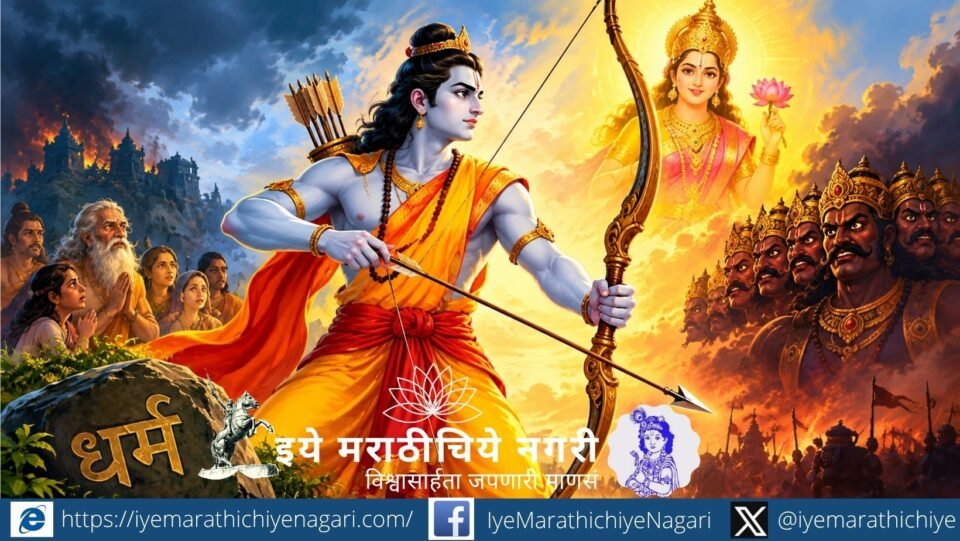 ज्ञानेश्वरीतील ओवीत रामाचे धर्मरक्षणाचे स्वरूप उलगडते. संकटात सापडलेल्या धर्मासाठी धनुष्य उचलून अन्यायाविरुद्ध उभा राहणाऱ्या रामाचे तेजस्वी रूप जाणून घ्या.