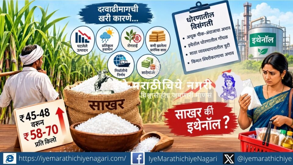 सणासुदीच्या तोंडावर साखरेच्या दरवाढीमागे इथेनॉल नव्हे, तर घटलेले उत्पादन, चुकीचे अंदाज, निर्यात, साठेबाजी आणि धोरणातील विसंगती कशा कारणीभूत ठरल्या, याचा वेध.