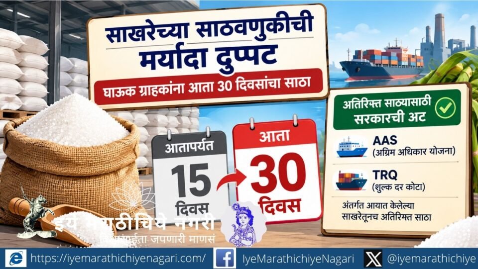 घाऊक ग्राहकांसाठी साखरेची साठवणूक मर्यादा 15 वरून 30 दिवसांवर वाढवली. अतिरिक्त साठ्यासाठी AAS आणि TRQ अंतर्गत आयात केलेल्या साखरेची अट.