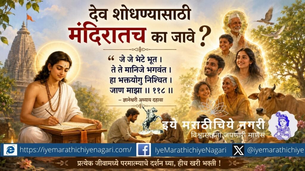 देव शोधण्यासाठी मंदिरातच का जावे? ज्ञानेश्वर माऊलींच्या “जे जे भेटे भूत, ते ते मानिजे भगवंत” या ओवीतून सर्वत्र परमात्म्याचे दर्शन, करुणा आणि खरी भक्ती समजून घ्या.