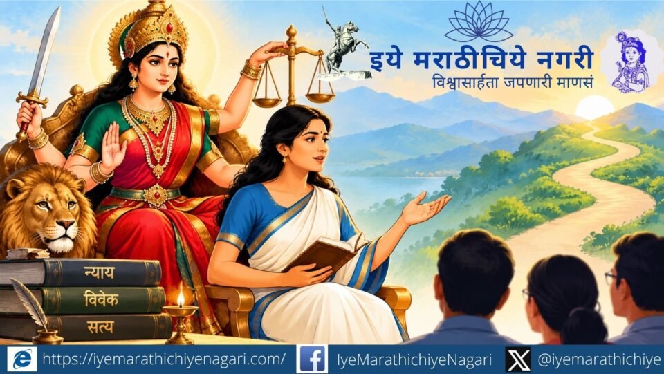 न्यायाच्या प्रतीकात्मक सुखासनावर विराजमान न्यायदेवता दुर्गा, हातात न्यायाचे प्रतीक आणि चेहऱ्यावर विवेक, सत्य व निर्भयतेचा भाव